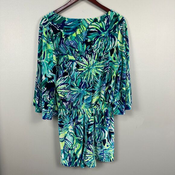 Lilly Pulitzer Medium Viviana Velour Romper Green Blue V-Neck Tropical Beach - Picture 3 of 4